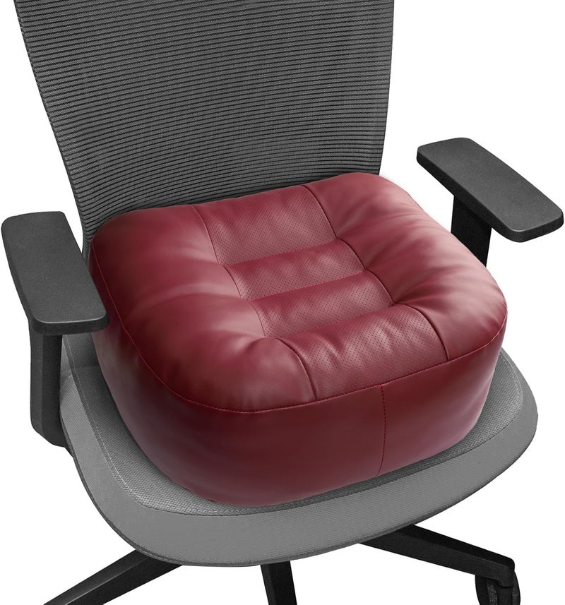 YOUFI Leather Seat Cushion Extra-Thick Booster for Office Chair to Rise Height - Full Filling for Support - with Breathable Cover, Handle and Buckle - Relieves Back Pain – 18"x16"x6" (Red) - Image 1